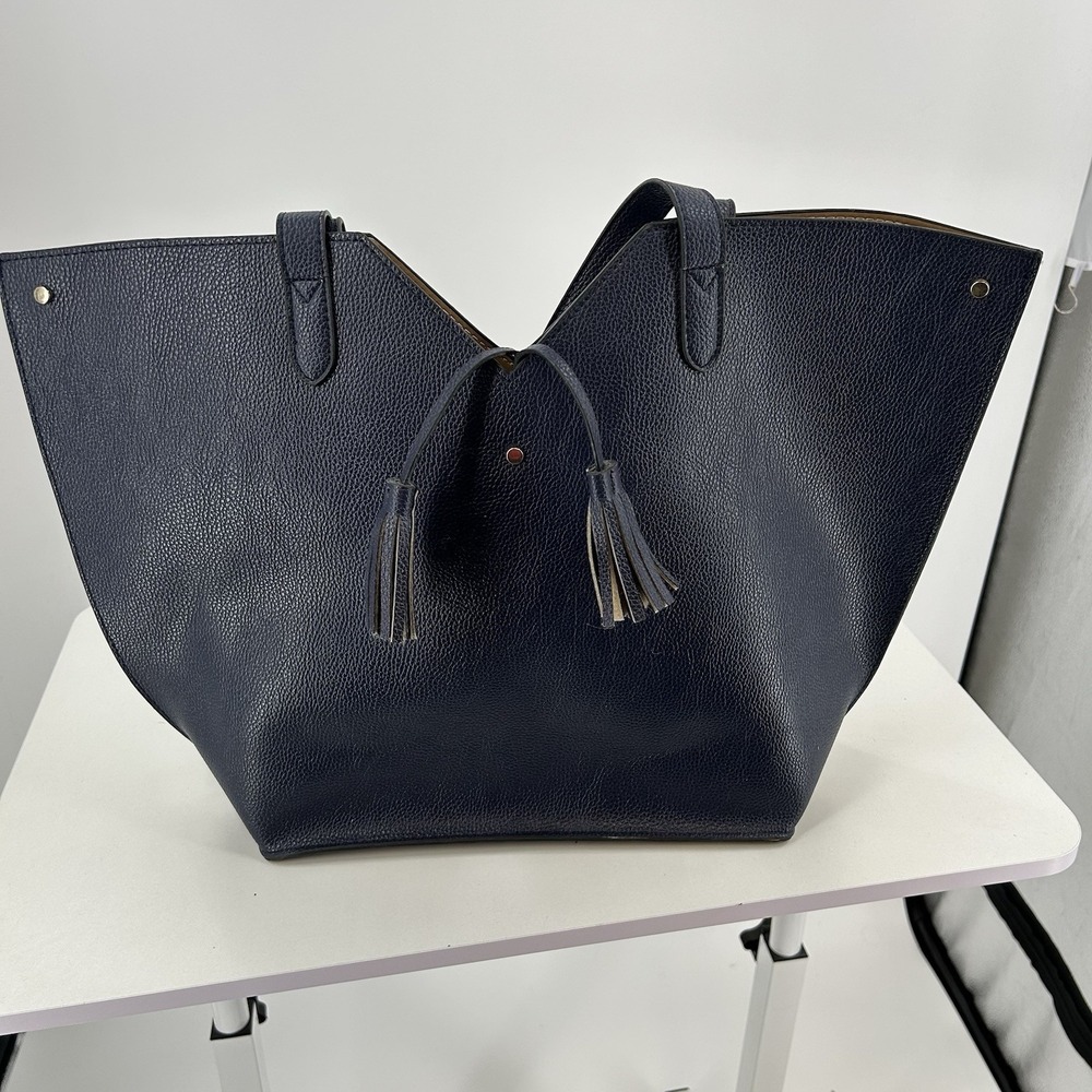 Neiman Marcus Navy Pebbled Leather Tote Bag Tassel Large Shoulder Bag